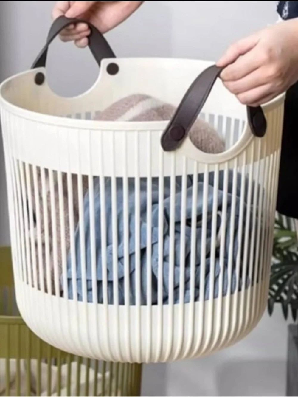 Japandi Rounded Square Basket Medium Size Storage Leather Like Handles